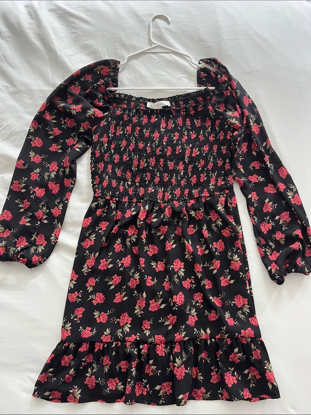 Floral Smocked Long-Sleeve Dress - Black with Pink Flowers